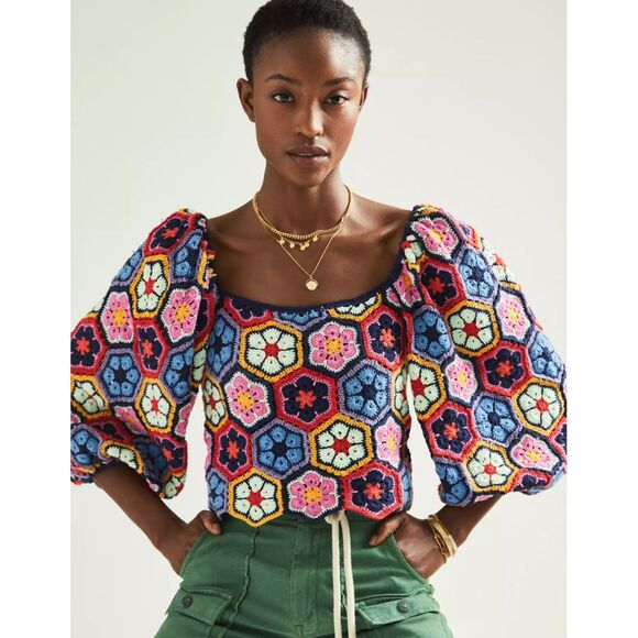 Farm Rio Dorya Crochet Short Sleeve Cropped Sweater Top Womens XS Multicolor - Picture 1 of 10